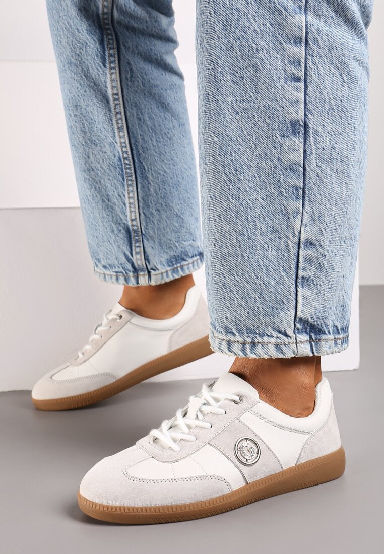 Biało-Szare Sneakersy z Wkładką ze Skóry Naturalnej i Cyrkoniowym Detalem Erisida