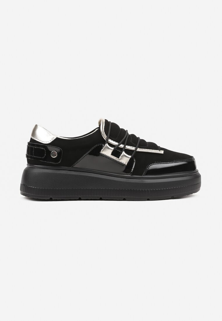 Czarne Sneakersy ze Skóry Naturalnej na Platformie z Metalicznymi Ozdobami Verain