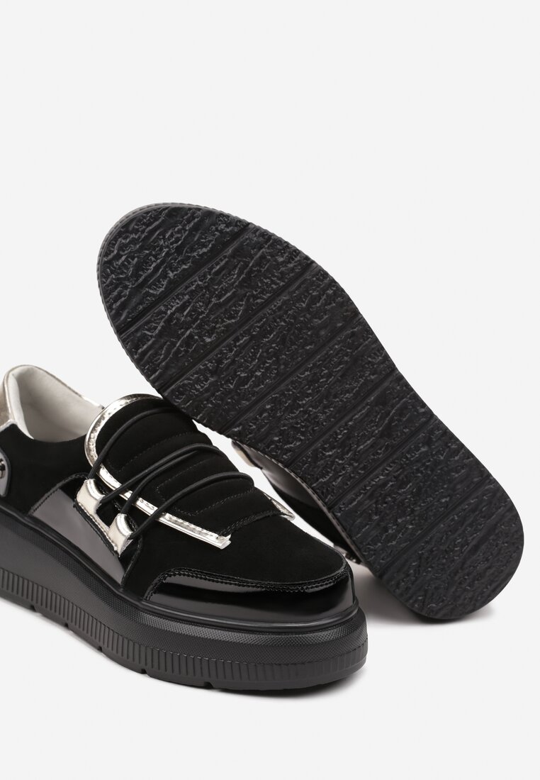 Czarne Sneakersy ze Skóry Naturalnej na Platformie z Metalicznymi Ozdobami Verain