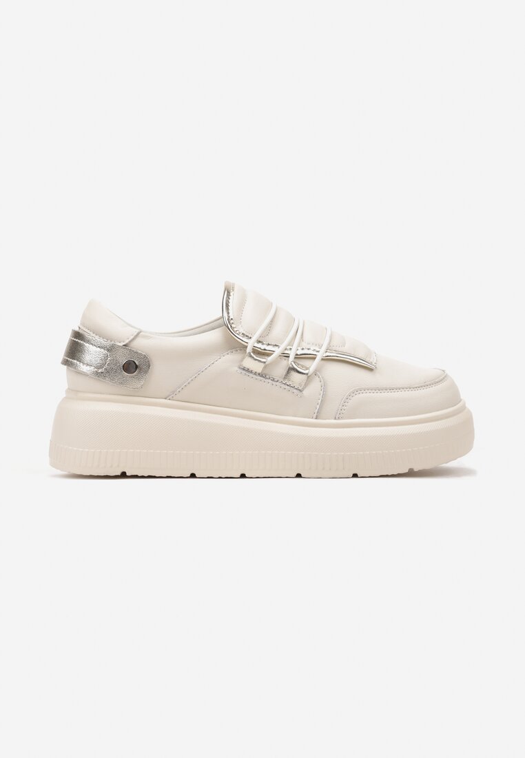 Beżowe Sneakersy ze Skóry Naturalnej na Platformie z Metalicznymi Ozdobami Verain