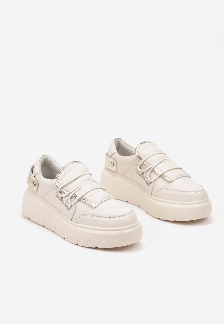 Beżowe Sneakersy ze Skóry Naturalnej na Platformie z Metalicznymi Ozdobami Verain