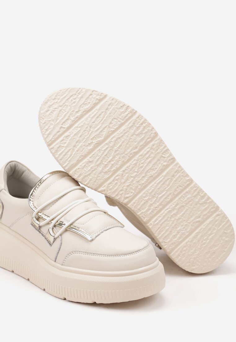 Beżowe Sneakersy ze Skóry Naturalnej na Platformie z Metalicznymi Ozdobami Verain