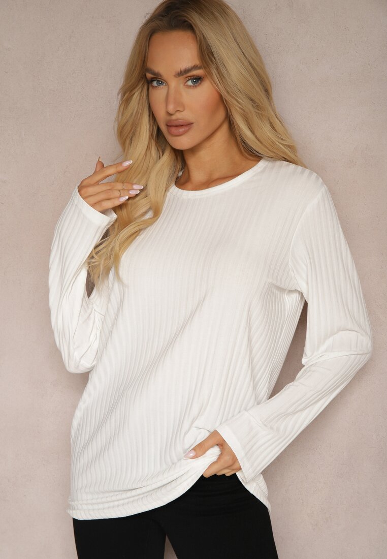 Biała Bluzka Longsleeve z Prążkowanego Materiału Gigitha