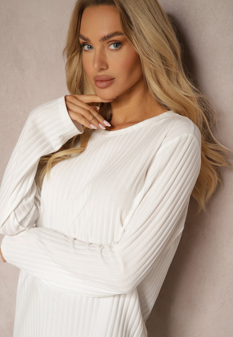 Biała Bluzka Longsleeve z Prążkowanego Materiału Gigitha