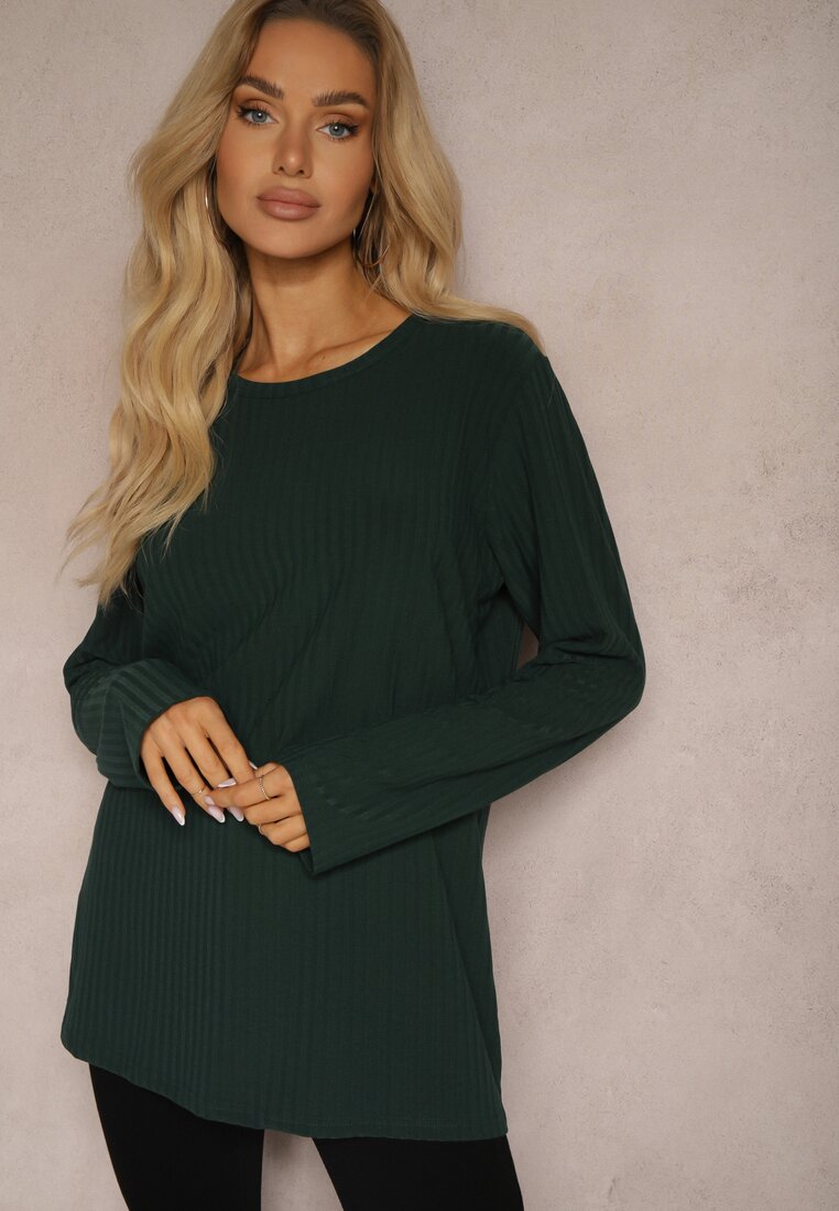 Ciemnozielona Bluzka Longsleeve z Prążkowanego Materiału Gigitha