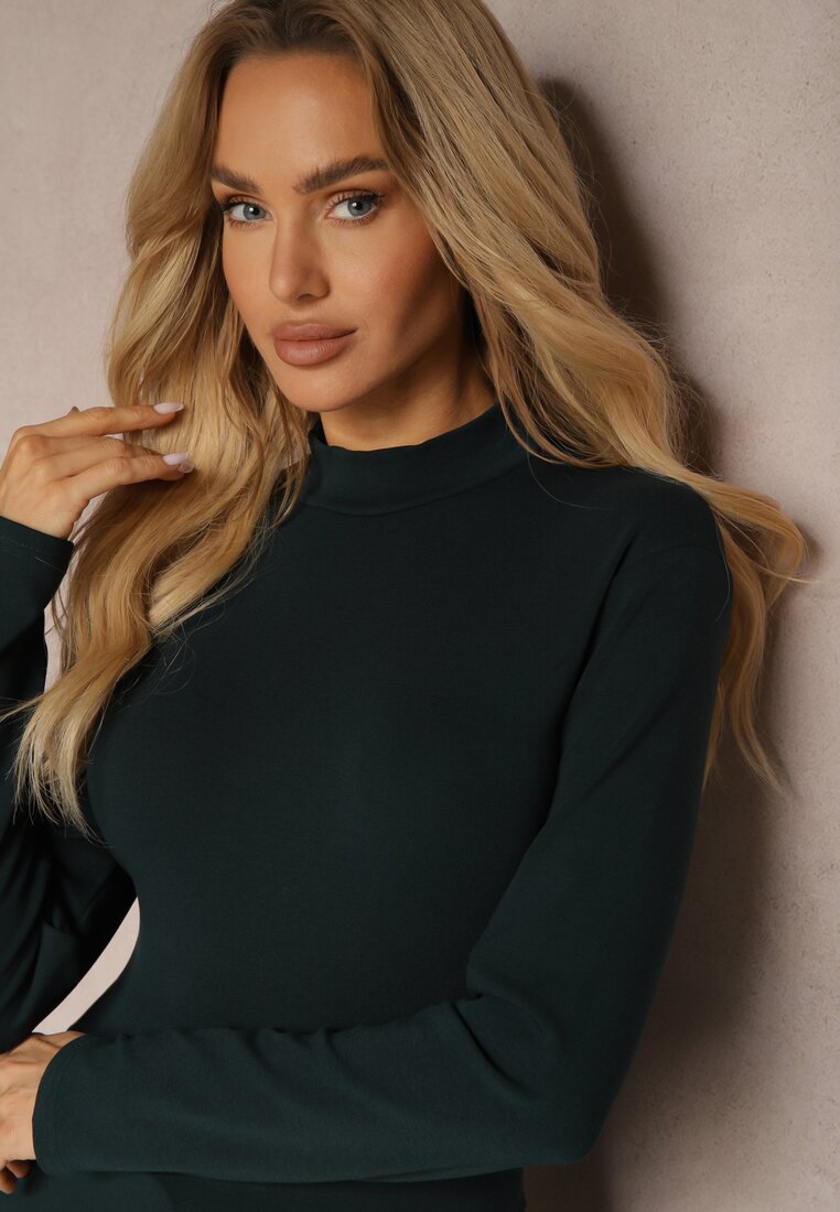 Ciemnozielona Bluzka z Wiskozy z Półgolfem Longsleeve Naolinda