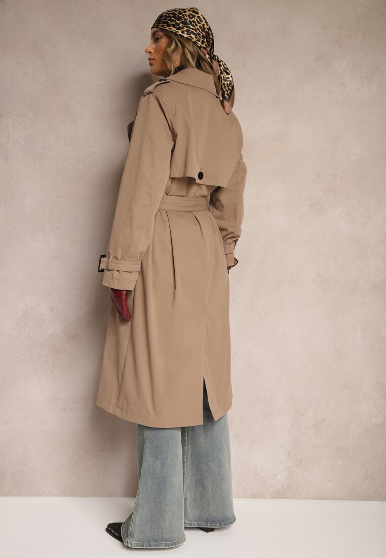 Ciemnobeżowy Dwurzędowy Płaszcz Trencz z Paskiem w Talii Mailaine