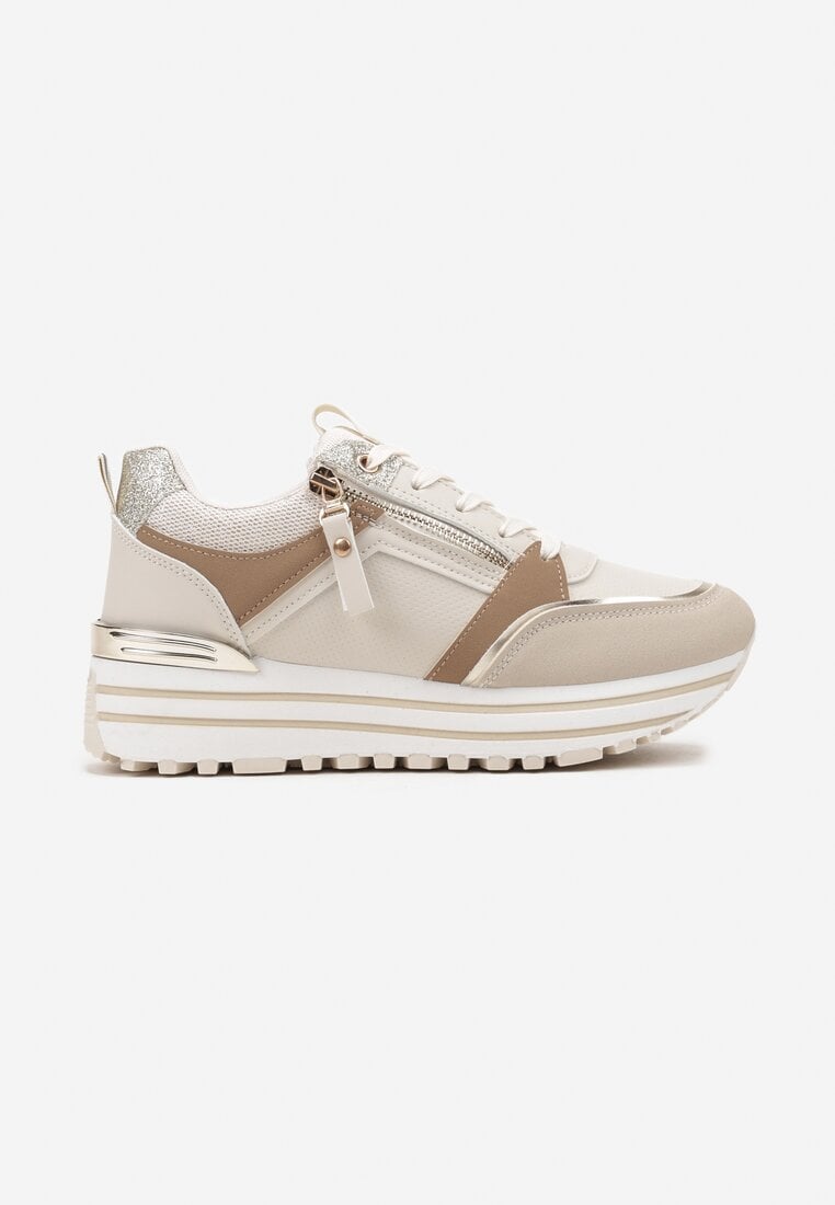 Beżowe Sneakersy na Platformie z Brokatowymi Detalami i Ozdobnym Suwakiem Mailera