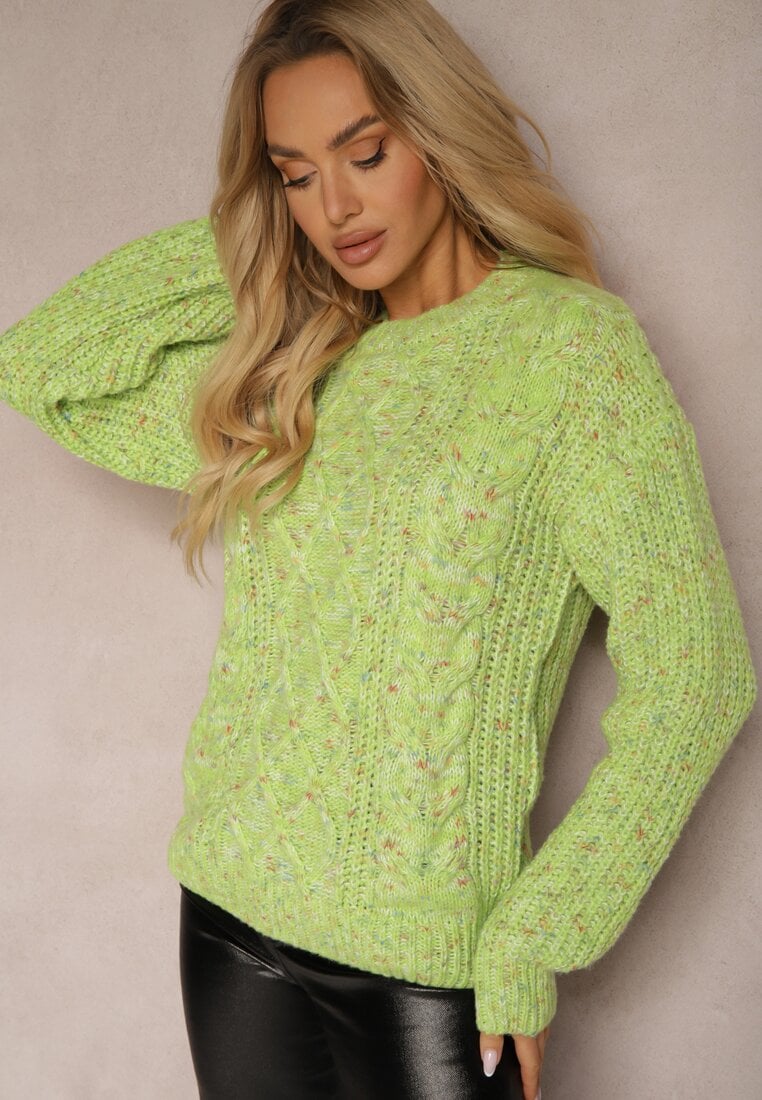Zielony Casualowy Sweter z Wełną z Kolorowymi Przeszyciami Dezira