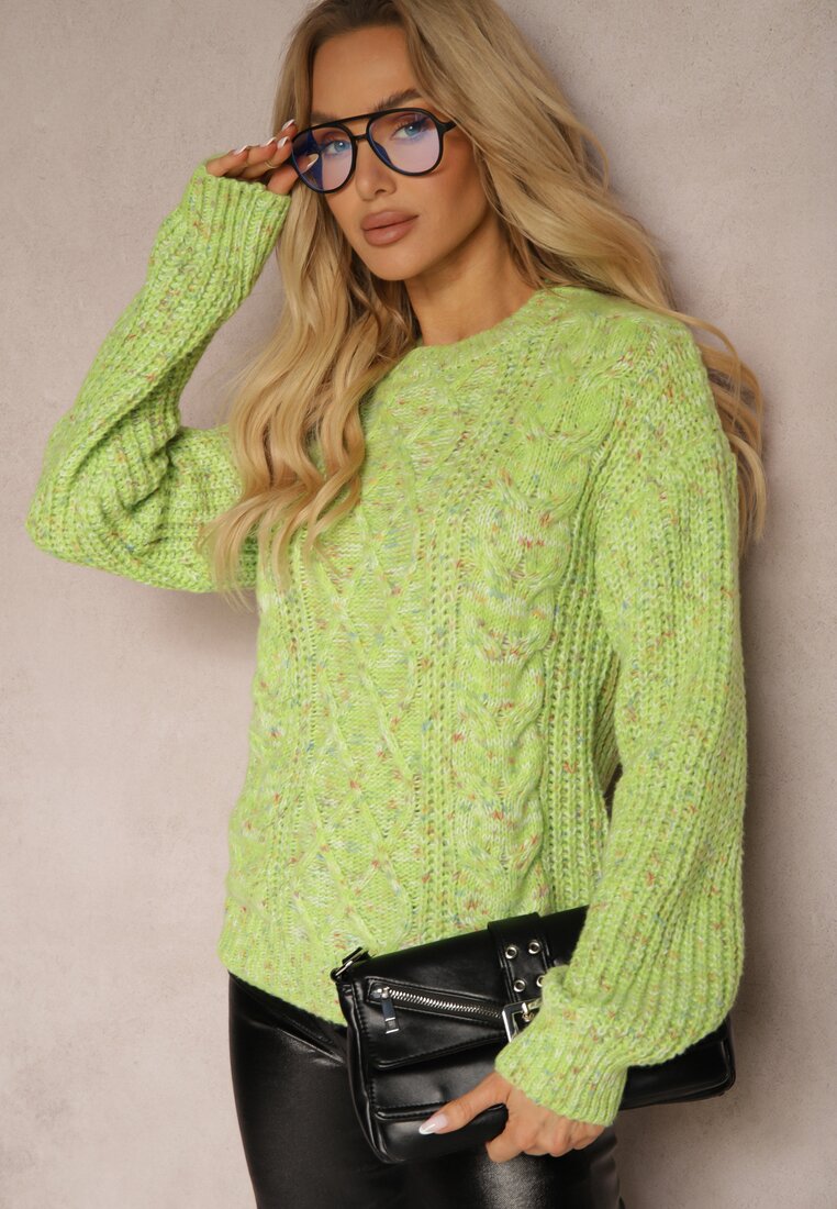 Zielony Casualowy Sweter z Wełną z Kolorowymi Przeszyciami Dezira