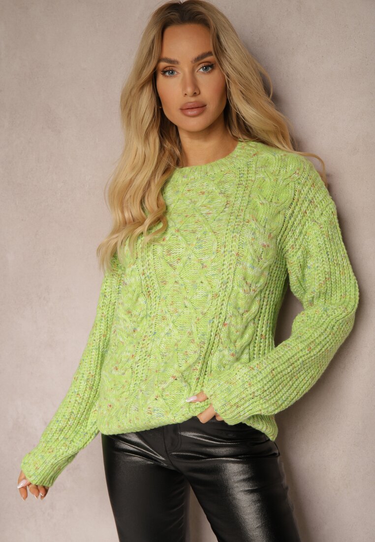 Zielony Casualowy Sweter z Wełną z Kolorowymi Przeszyciami Dezira