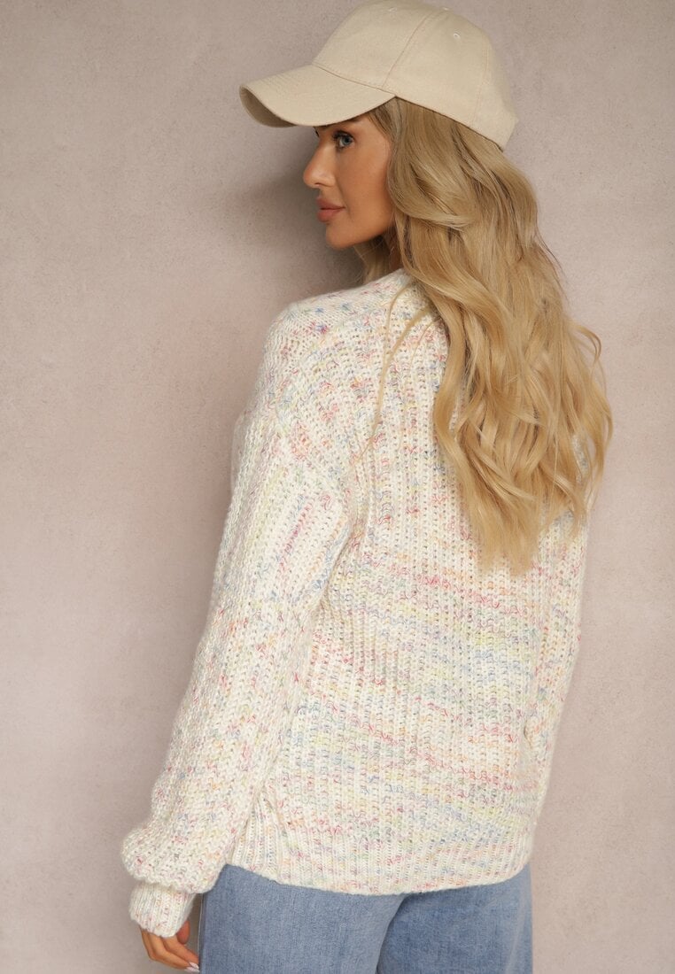 Beżowy Casualowy Sweter z Wełną z Kolorowymi Przeszyciami Dezira