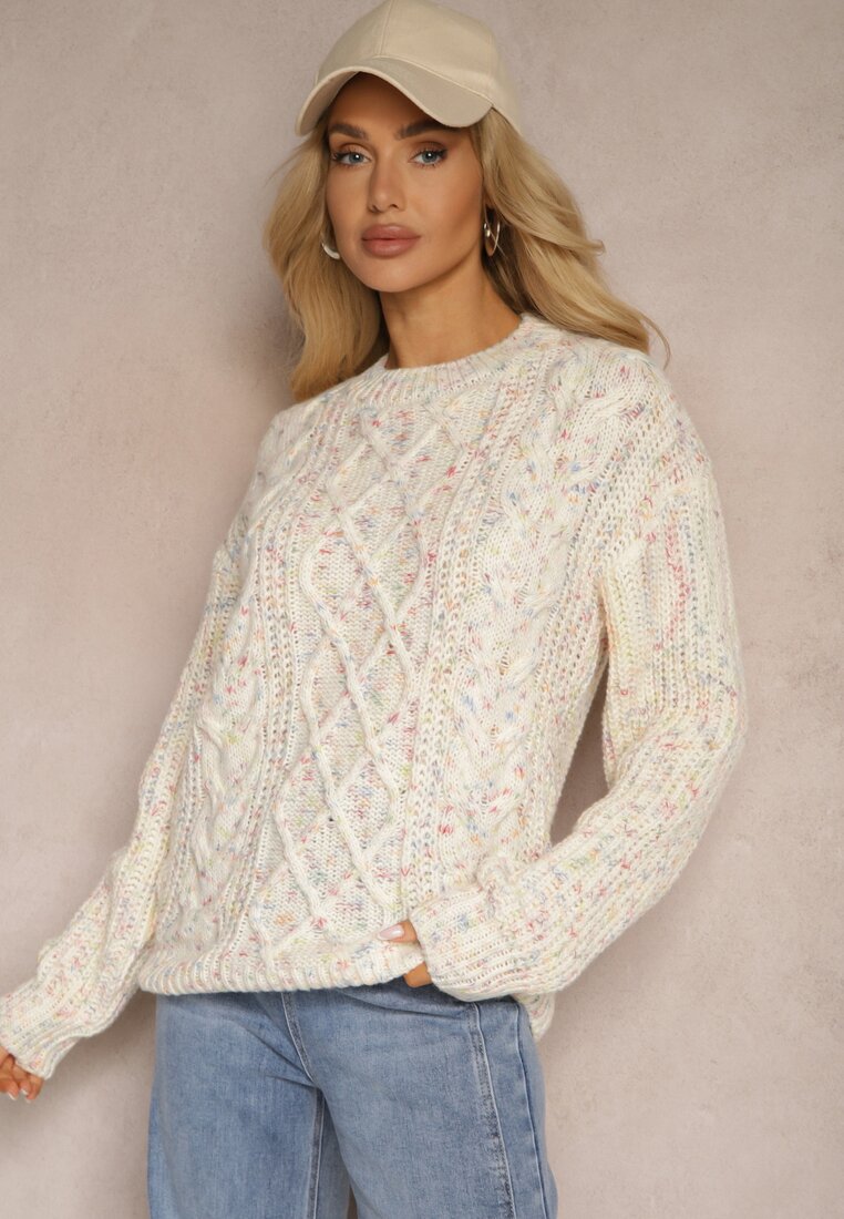 Beżowy Casualowy Sweter z Wełną z Kolorowymi Przeszyciami Dezira