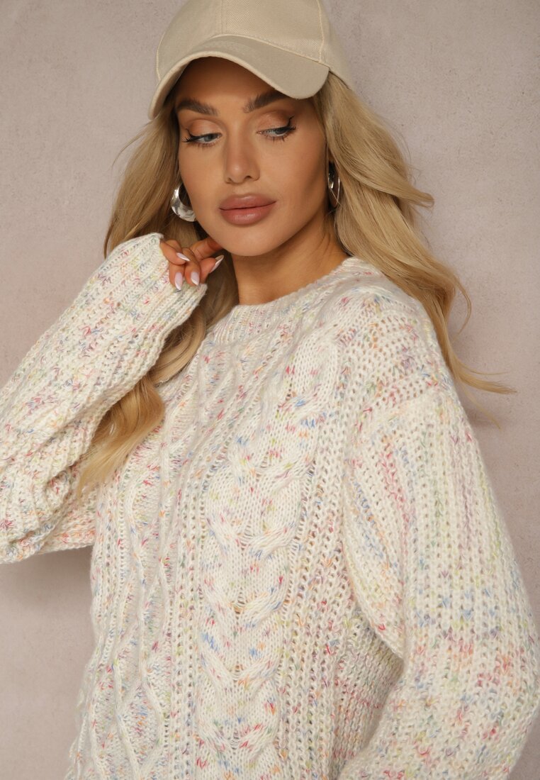 Beżowy Casualowy Sweter z Wełną z Kolorowymi Przeszyciami Dezira