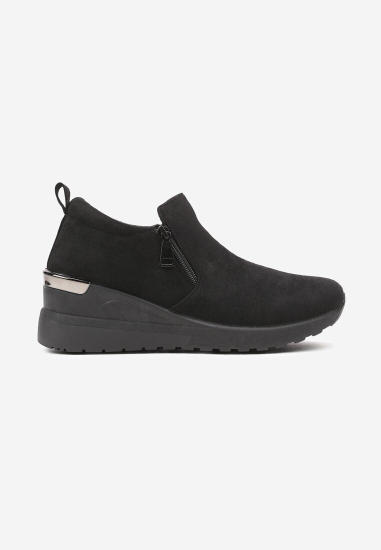 Czarne Sneakersy na Koturnie z Ozdobnym Suwakiem z Boku Daivira