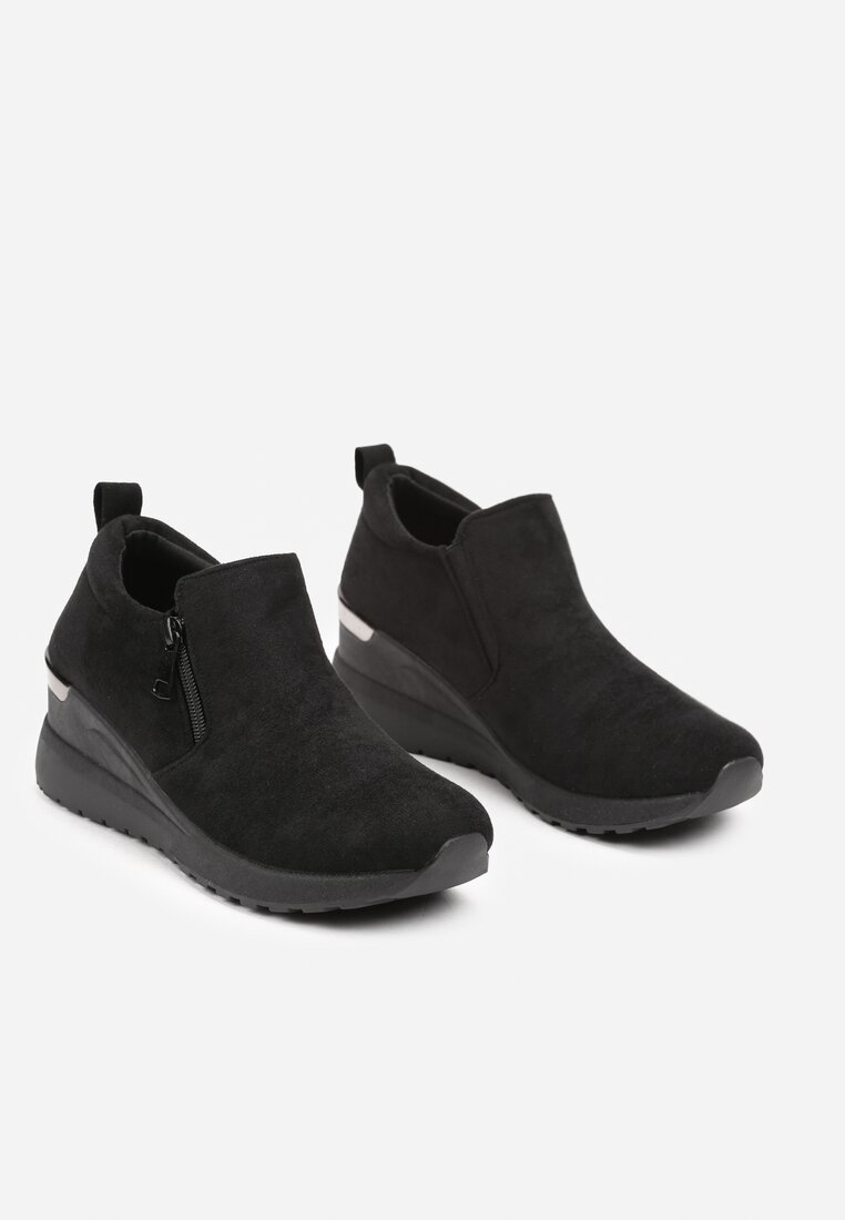 Czarne Sneakersy na Koturnie z Ozdobnym Suwakiem z Boku Daivira