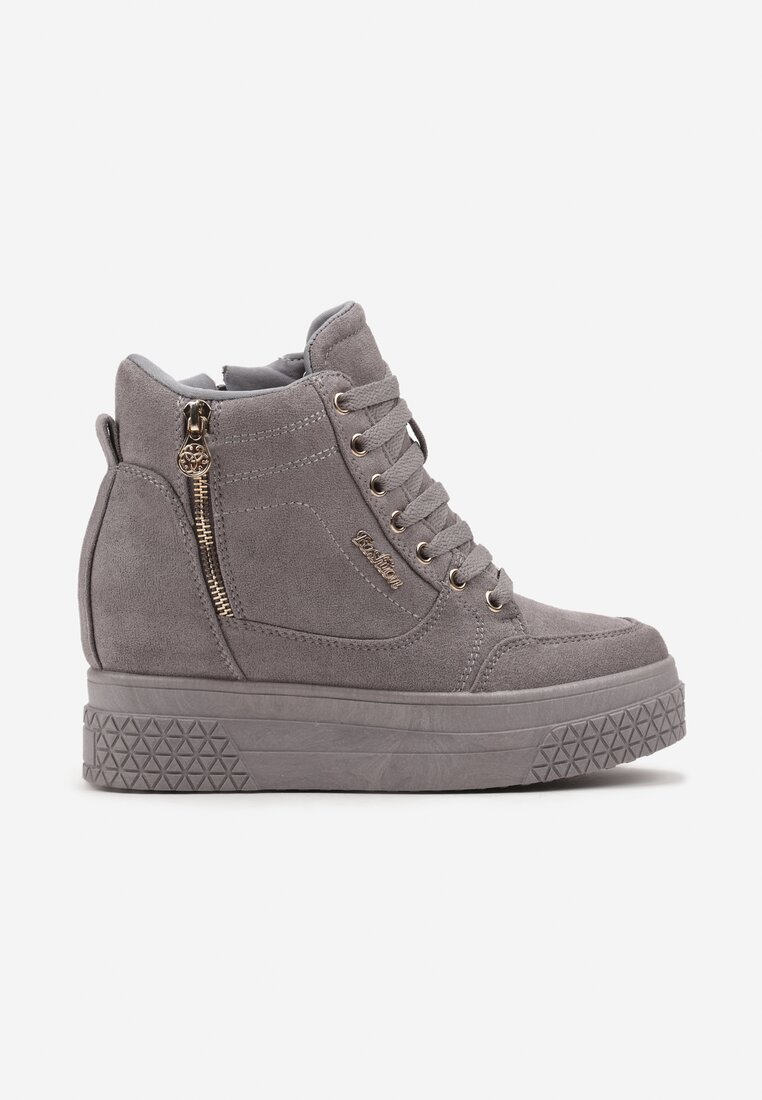 Szare Sneakersy na Koturnie z Metalicznymi Detalami i Dodatkowym Suwakiem Dailise