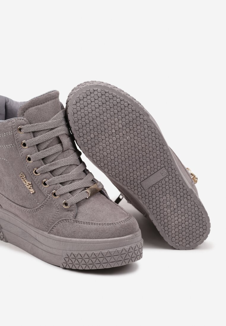 Szare Sneakersy na Koturnie z Metalicznymi Detalami i Dodatkowym Suwakiem Dailise