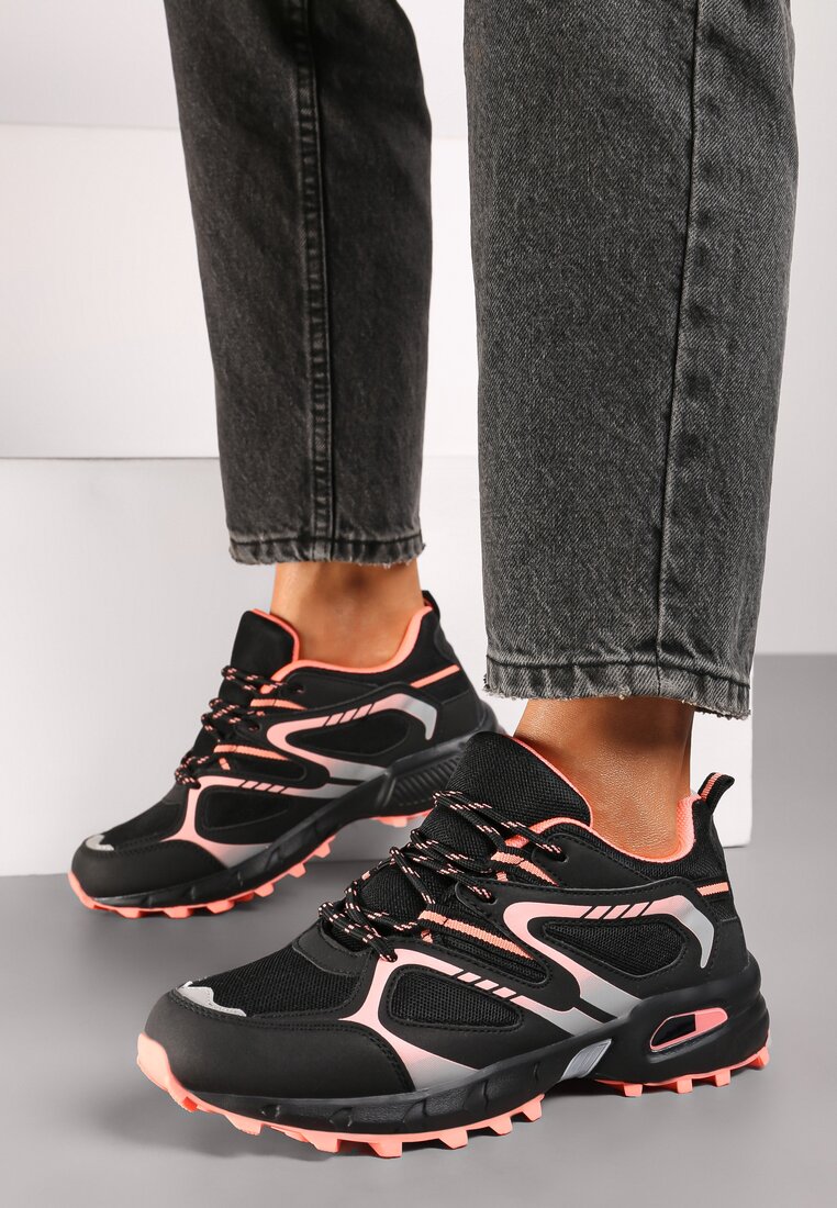 Czarno-Różowe Buty Sportowe Sneakersy na Płaskiej Podeszwie ze Sznurowaniem i Geometrycznym Wzorem Raivi
