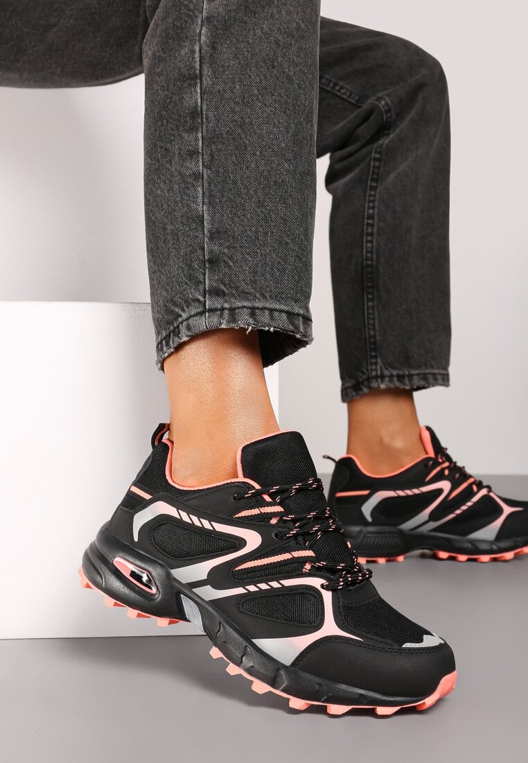 Czarno-Różowe Buty Sportowe Sneakersy na Płaskiej Podeszwie ze Sznurowaniem i Geometrycznym Wzorem Raivi