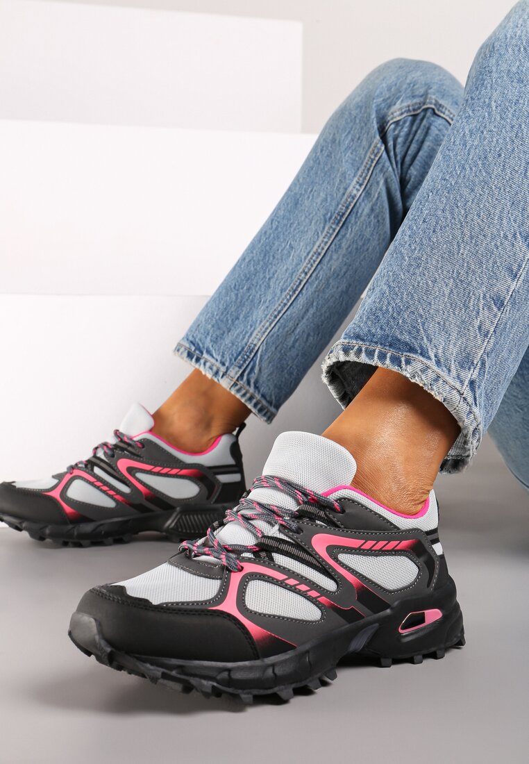 Szaro-Fuksjowe Buty Sportowe Sneakersy na Płaskiej Podeszwie ze Sznurowaniem i Geometrycznym Wzorem Raivi