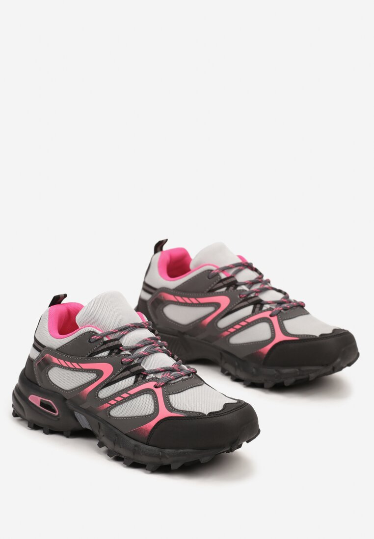 Szaro-Fuksjowe Buty Sportowe Sneakersy na Płaskiej Podeszwie ze Sznurowaniem i Geometrycznym Wzorem Raivi