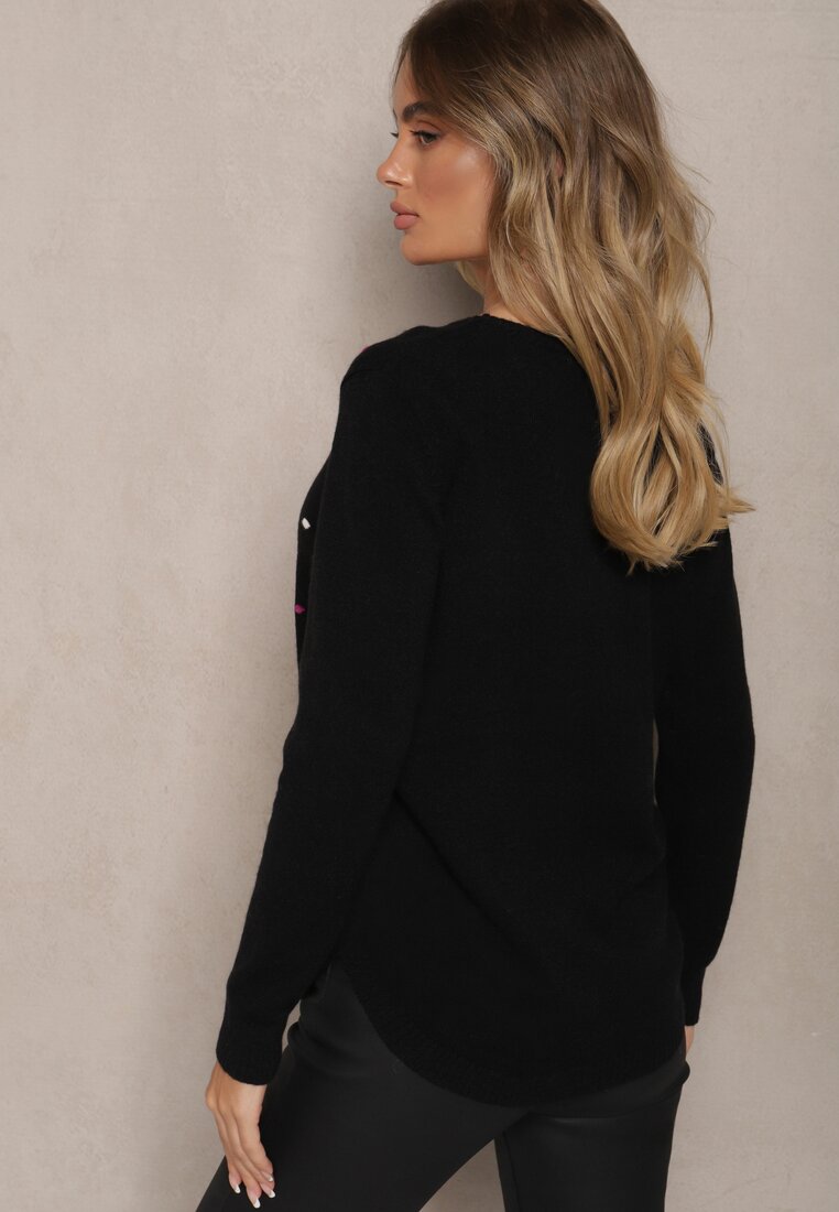 Czarny Elegancki Sweter z Delikatnymi Haftowanymi Zdobieniami z Przodu Reriala
