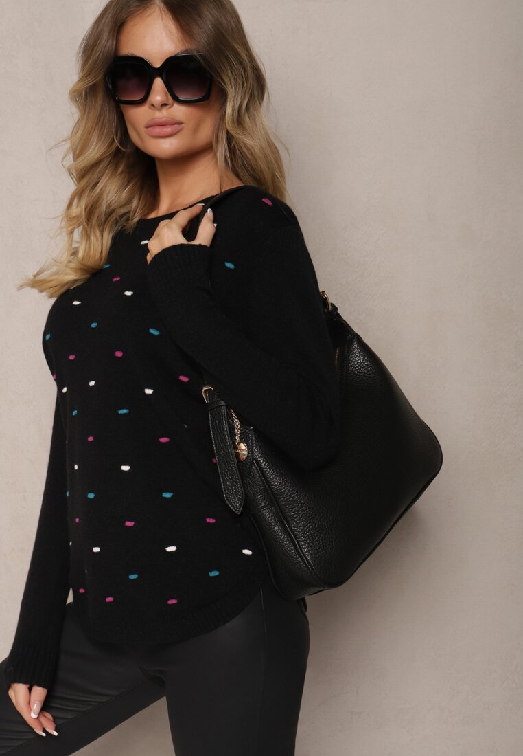 Czarny Elegancki Sweter z Delikatnymi Haftowanymi Zdobieniami z Przodu Reriala