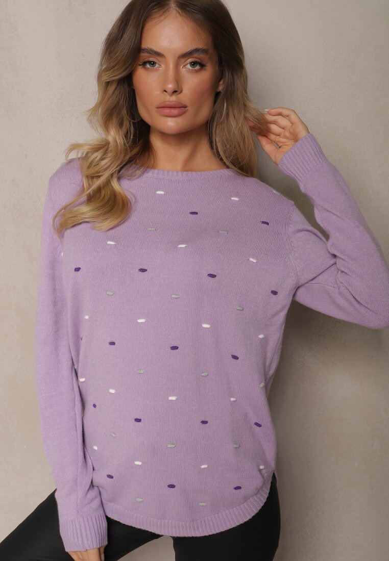 Fioletowy Elegancki Sweter z Delikatnymi Haftowanymi Zdobieniami z Przodu Reriala