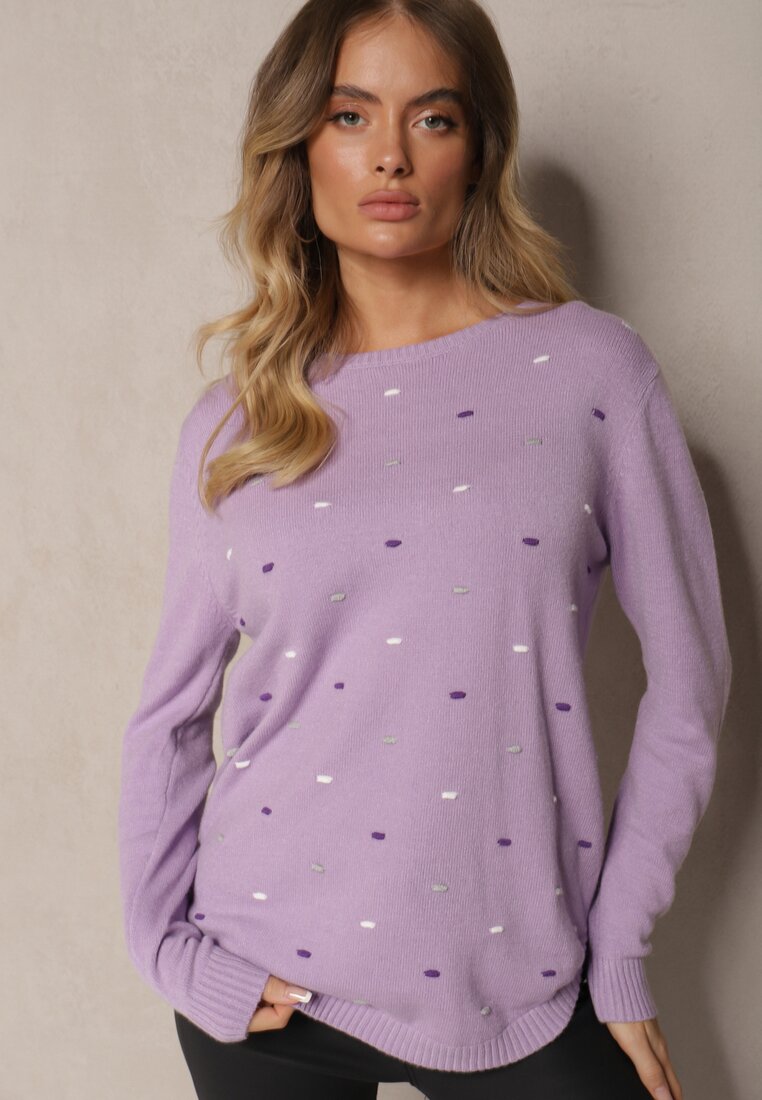 Fioletowy Elegancki Sweter z Delikatnymi Haftowanymi Zdobieniami z Przodu Reriala