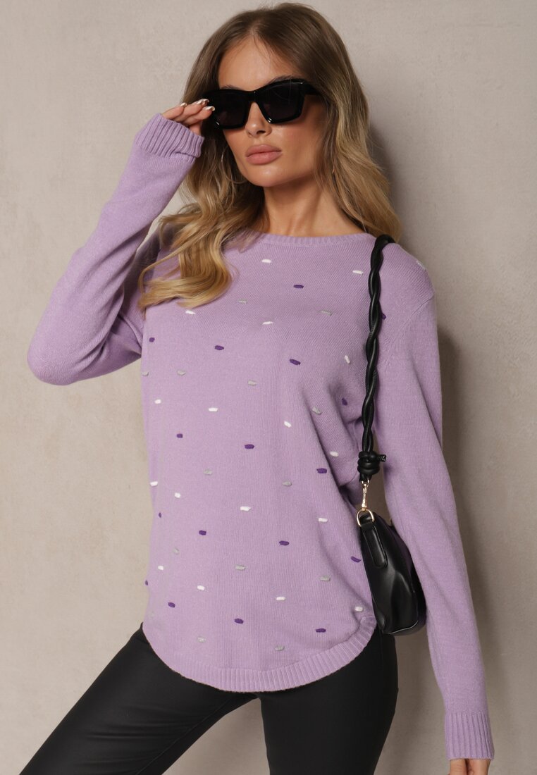 Fioletowy Elegancki Sweter z Delikatnymi Haftowanymi Zdobieniami z Przodu Reriala