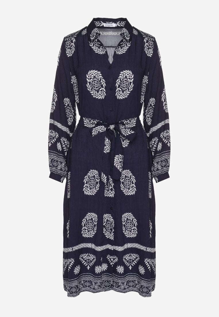 Granatowa Sukienka Koszulowa Wiązana w Pasie w Stylu Boho Rorisha