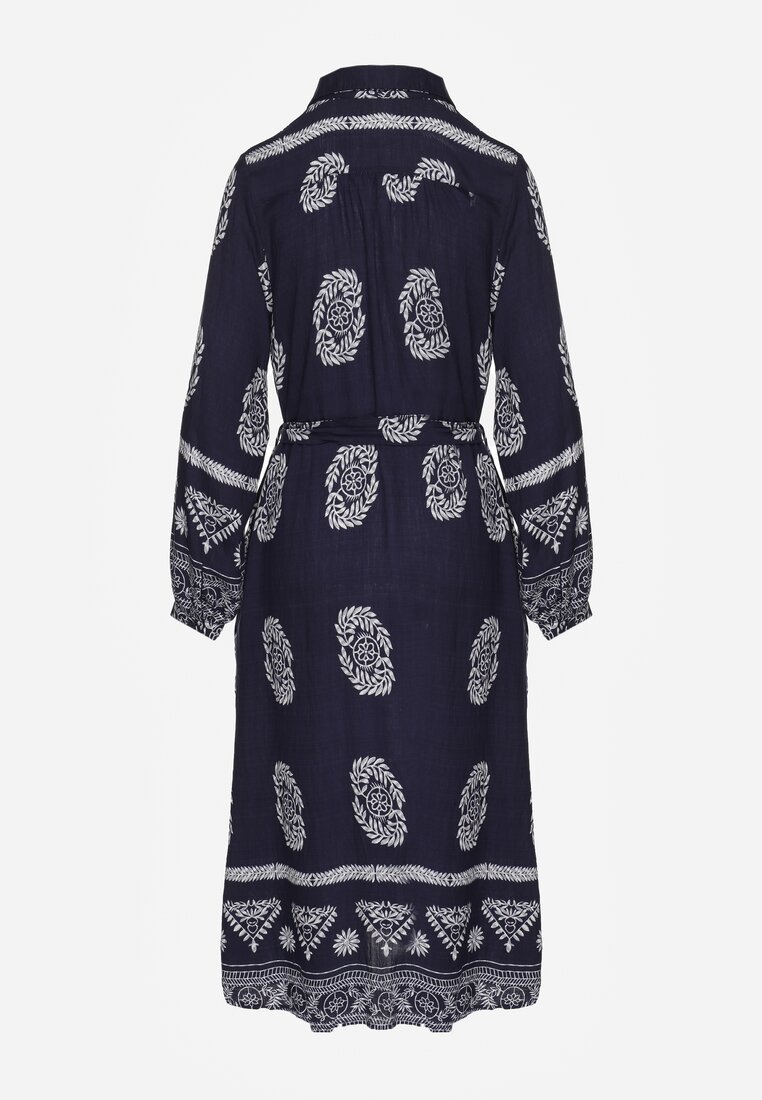Granatowa Sukienka Koszulowa Wiązana w Pasie w Stylu Boho Rorisha
