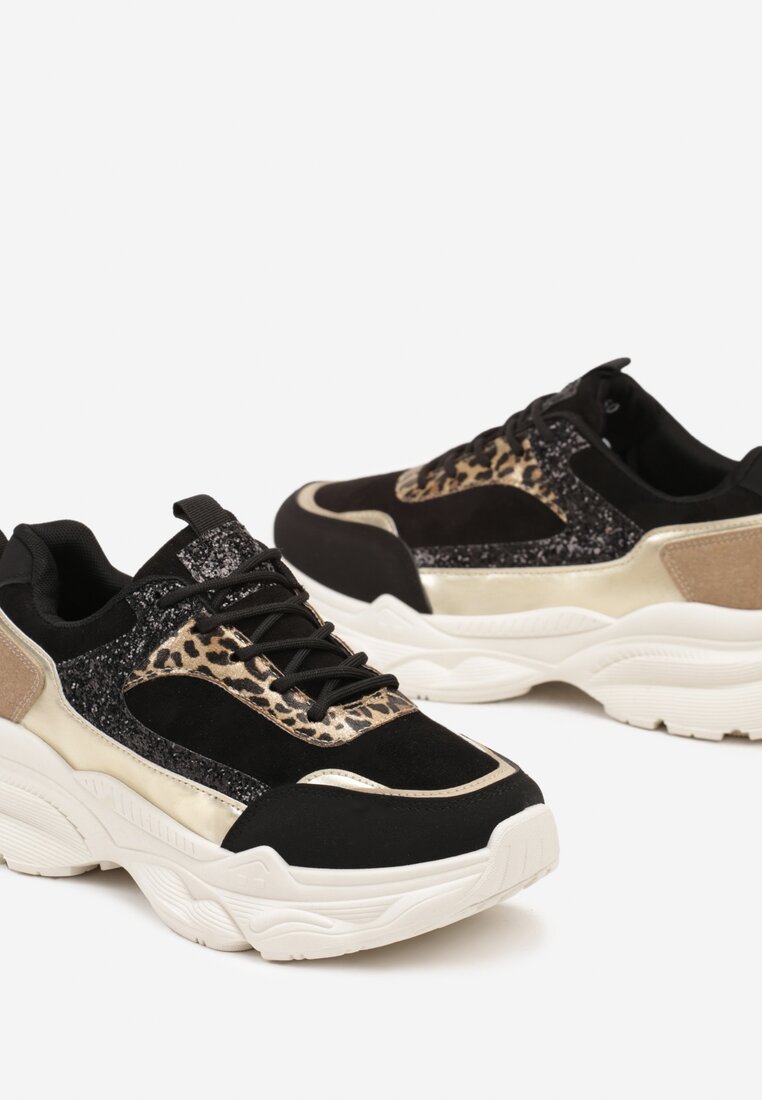 Czarne Sneakersy na Platformie z Tłoczeniem Ozdobione Cekinami Narisae