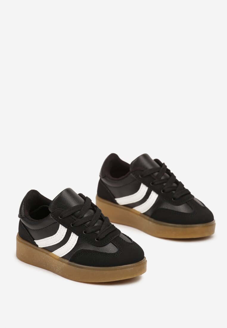 Czarne Buty Sportowe Sneakersy na Płaskiej Podeszwie Ozdobione Paskami Cretara