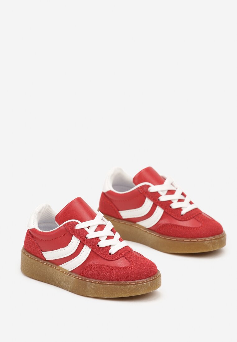 Czerwone Buty Sportowe Sneakersy na Płaskiej Podeszwie Ozdobione Paskami Cretara