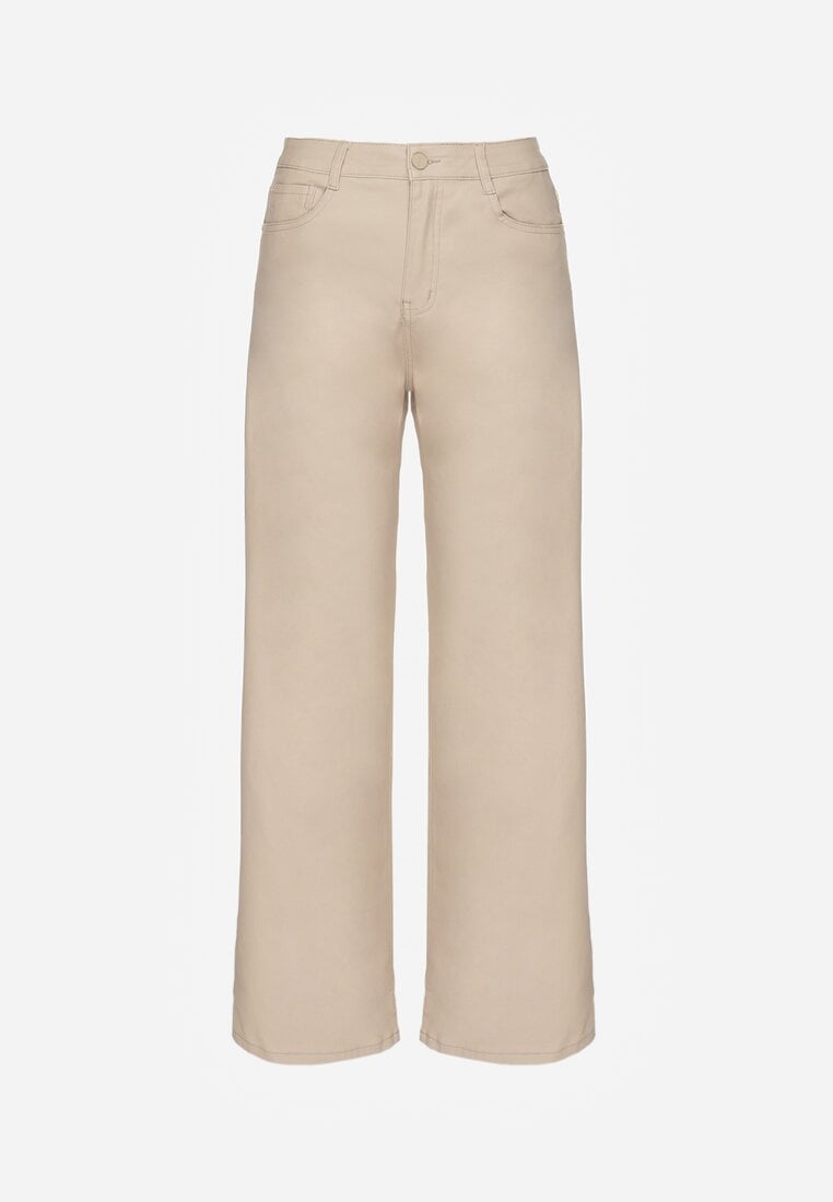 Beżowe Spodnie Woskowane o Szerokim Kroju High Waist Sezila