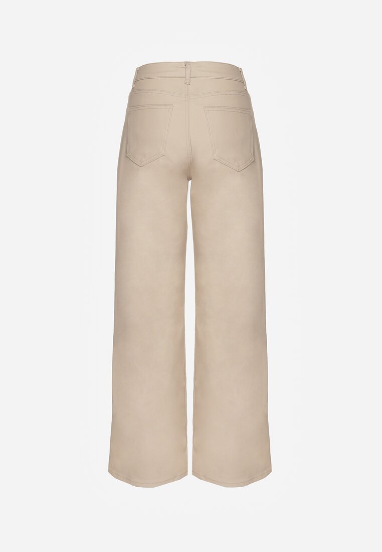 Beżowe Spodnie Woskowane o Szerokim Kroju High Waist Sezila