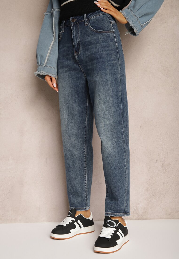 Niebieskie Jeansy z Dodatkiem Bawełny Mom Fit High Waist Ozdobione Sercem Riannae