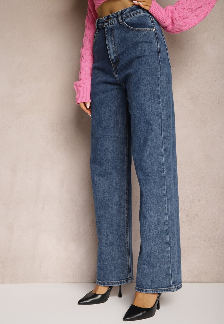 Granatowe Jeansy High Waist z Prostymi Szerokimi Nogawkami Crelisa