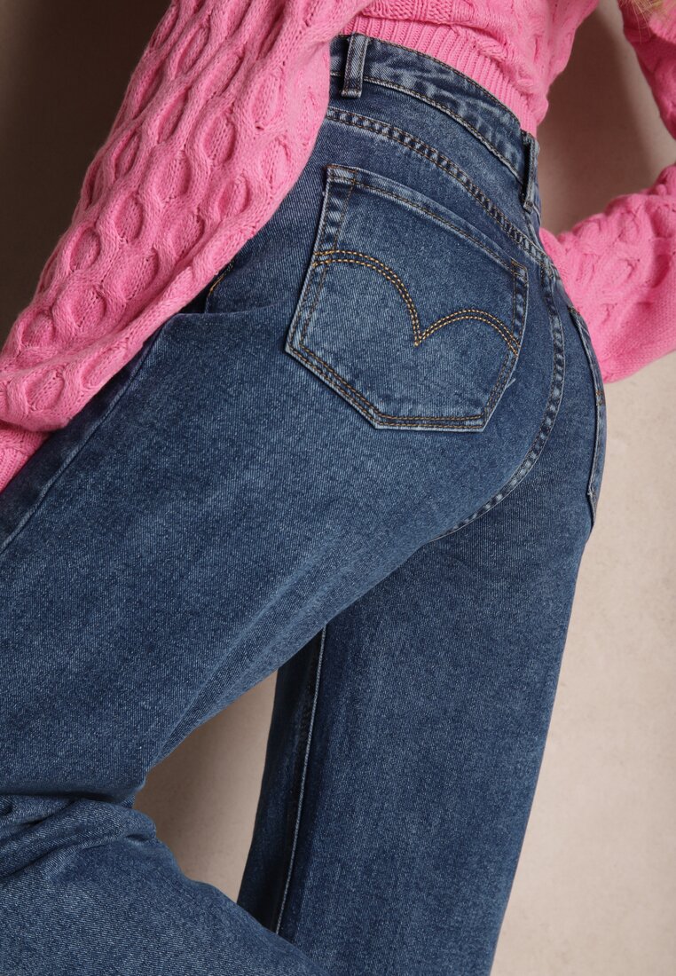 Granatowe Jeansy High Waist z Prostymi Szerokimi Nogawkami Crelisa
