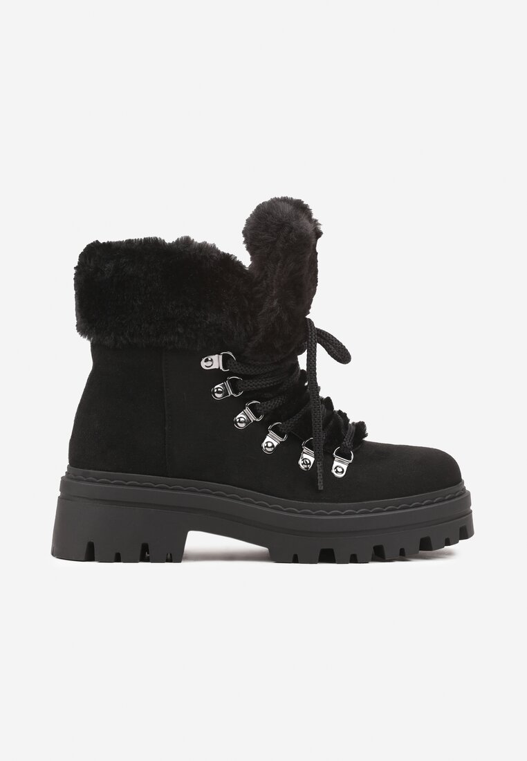 Czarne Traperki z Futerkiem na Grubej Podeszwie Tairene