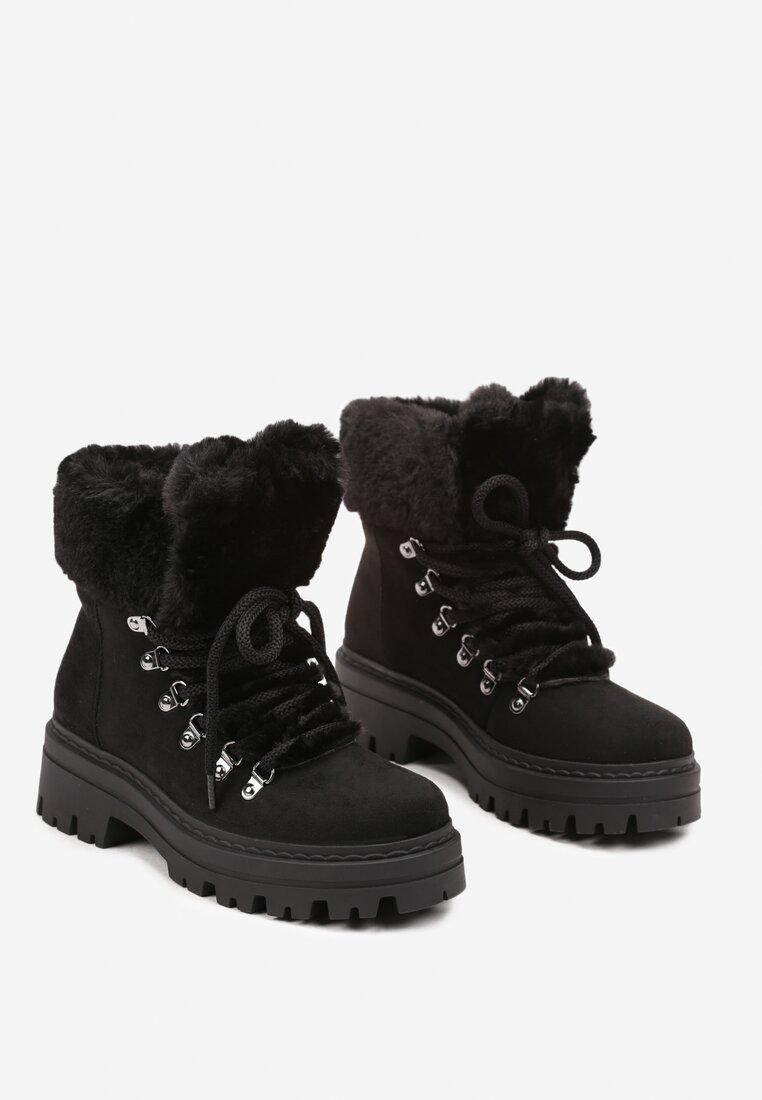 Czarne Traperki z Futerkiem na Grubej Podeszwie Tairene