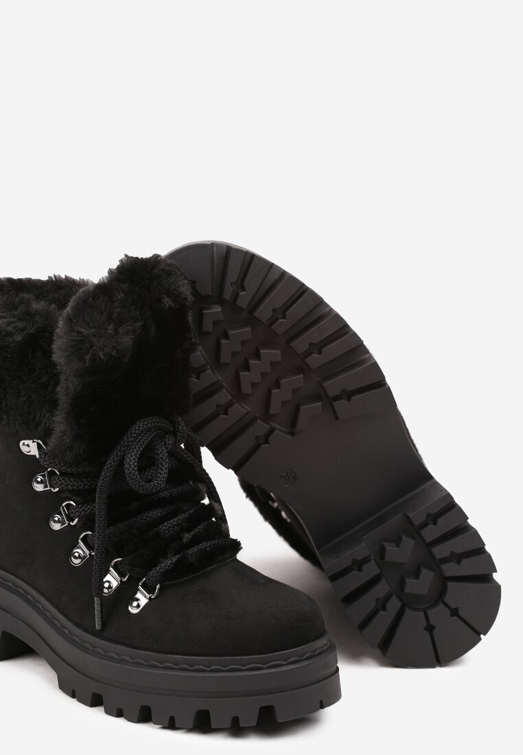 Czarne Traperki z Futerkiem na Grubej Podeszwie Tairene