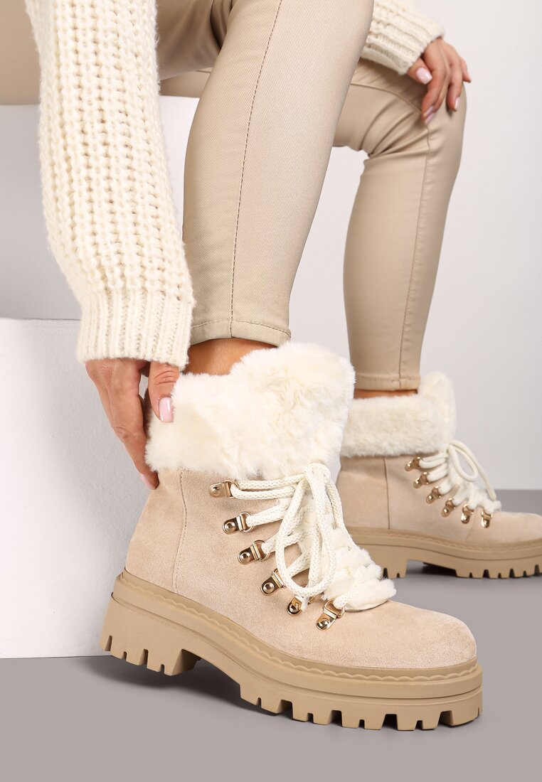 Beżowe Traperki z Futerkiem na Grubej Podeszwie Tairene