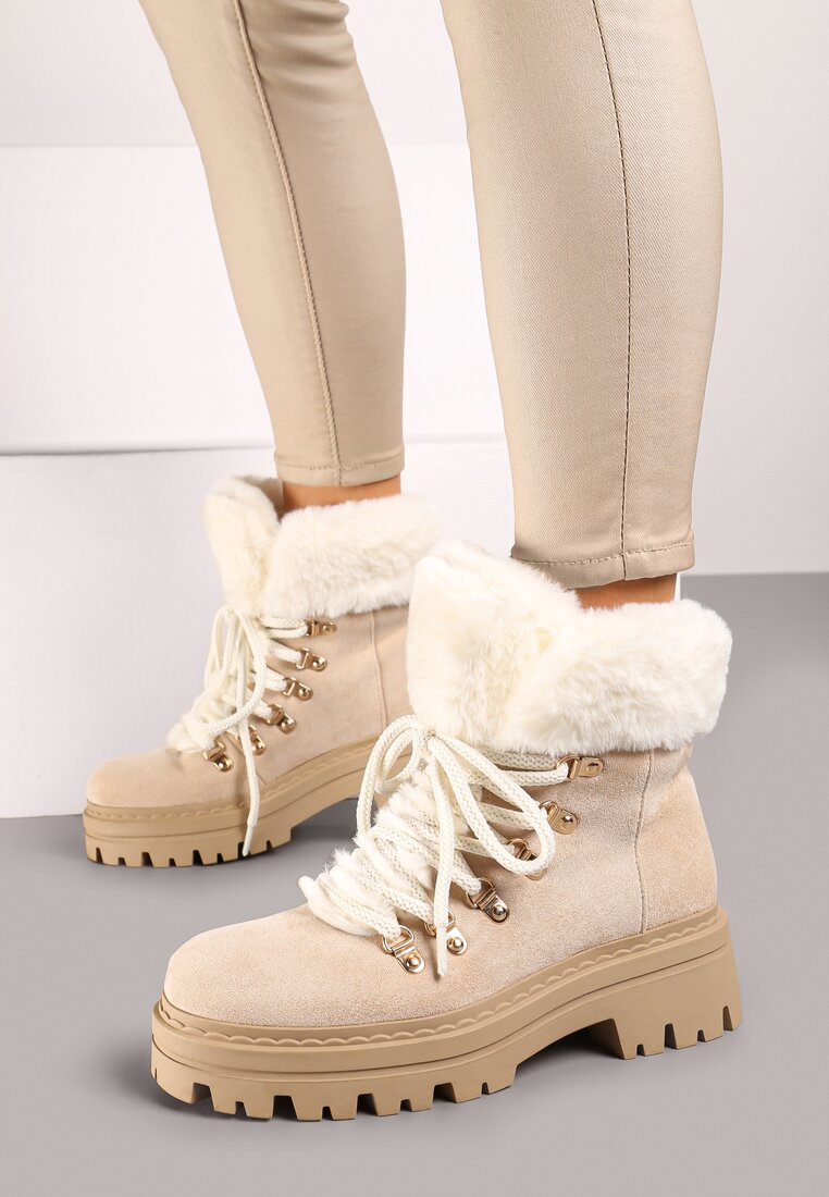 Beżowe Traperki z Futerkiem na Grubej Podeszwie Tairene