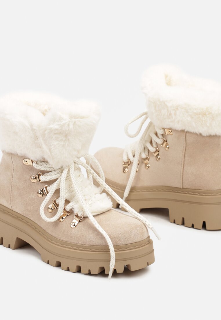 Beżowe Traperki z Futerkiem na Grubej Podeszwie Tairene