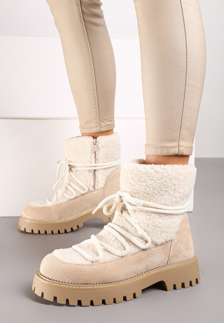 Beżowe Futerkowe Śniegowce na Tłoczonej Podeszwie Ozdobionej Cyrkoniami Rialuna