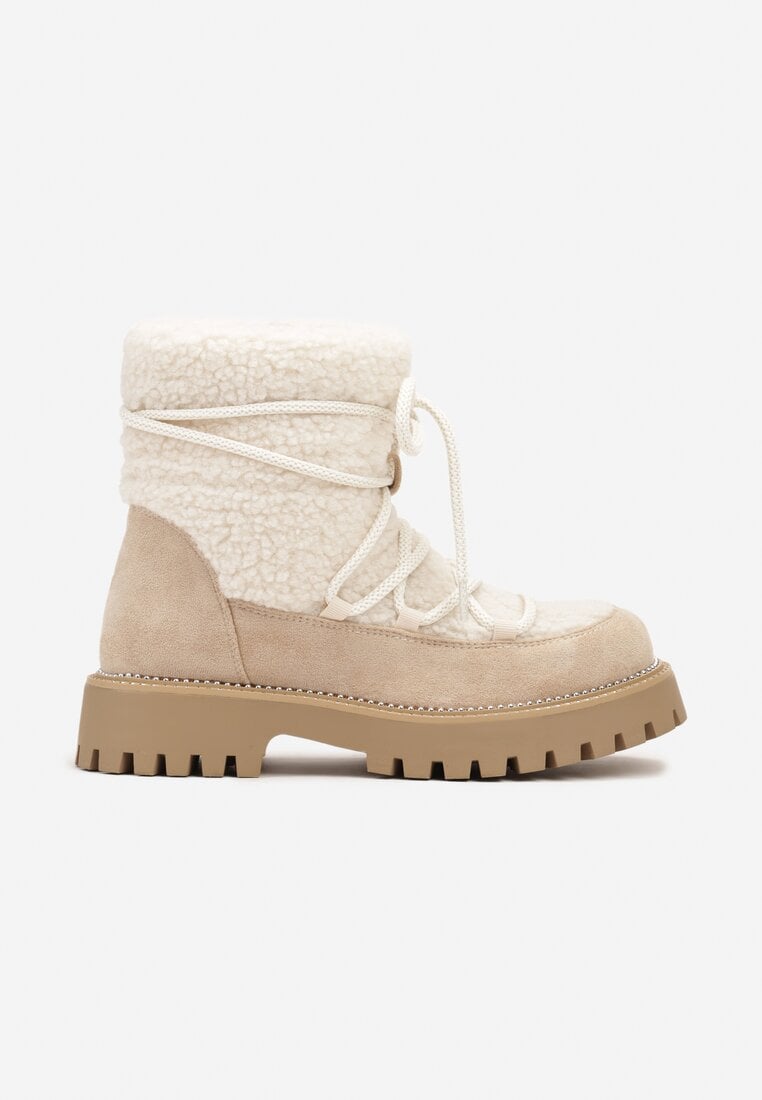 Beżowe Futerkowe Śniegowce na Tłoczonej Podeszwie Ozdobionej Cyrkoniami Rialuna