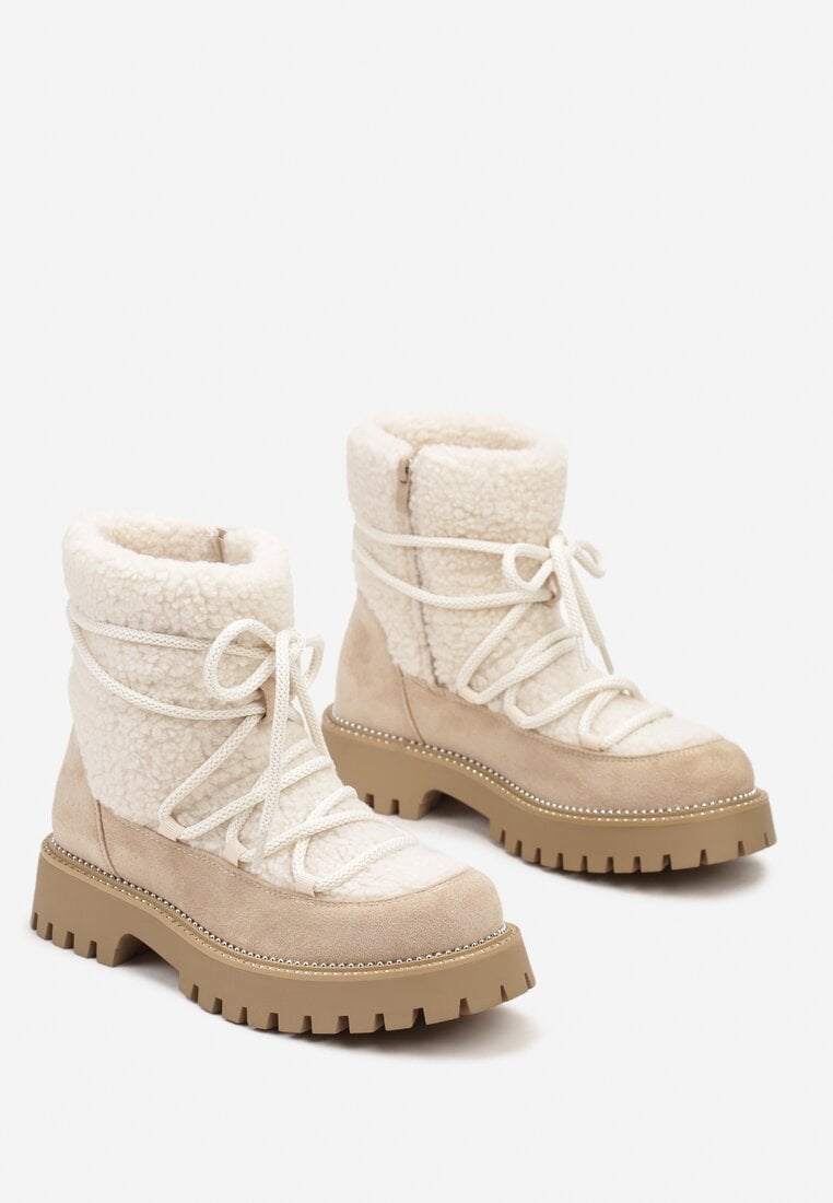 Beżowe Futerkowe Śniegowce na Tłoczonej Podeszwie Ozdobionej Cyrkoniami Rialuna